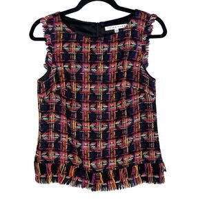Trina Turk XS Black Pink Tweed Fringe Plaid Sleeveless Top Blouse Yellow Blue